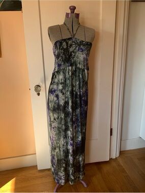 Tie Dye Maxi Dress Halter Tie Neck Smocked Blue Green Hip Pockets Hippie Boho
